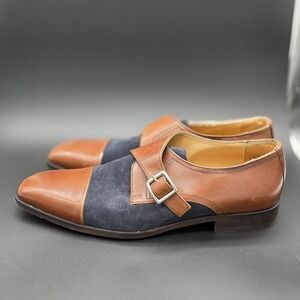 Paul Fredrick Men's Two-Tone Leather & Suede Monk Strap Shoe Brown & Navy Sz 9.5